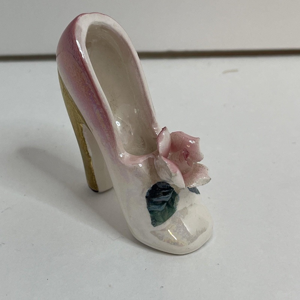Vntg High Heel Porcelain Hand Painted Miniature Shoe 3D Flower Gold‎ Heel Japan